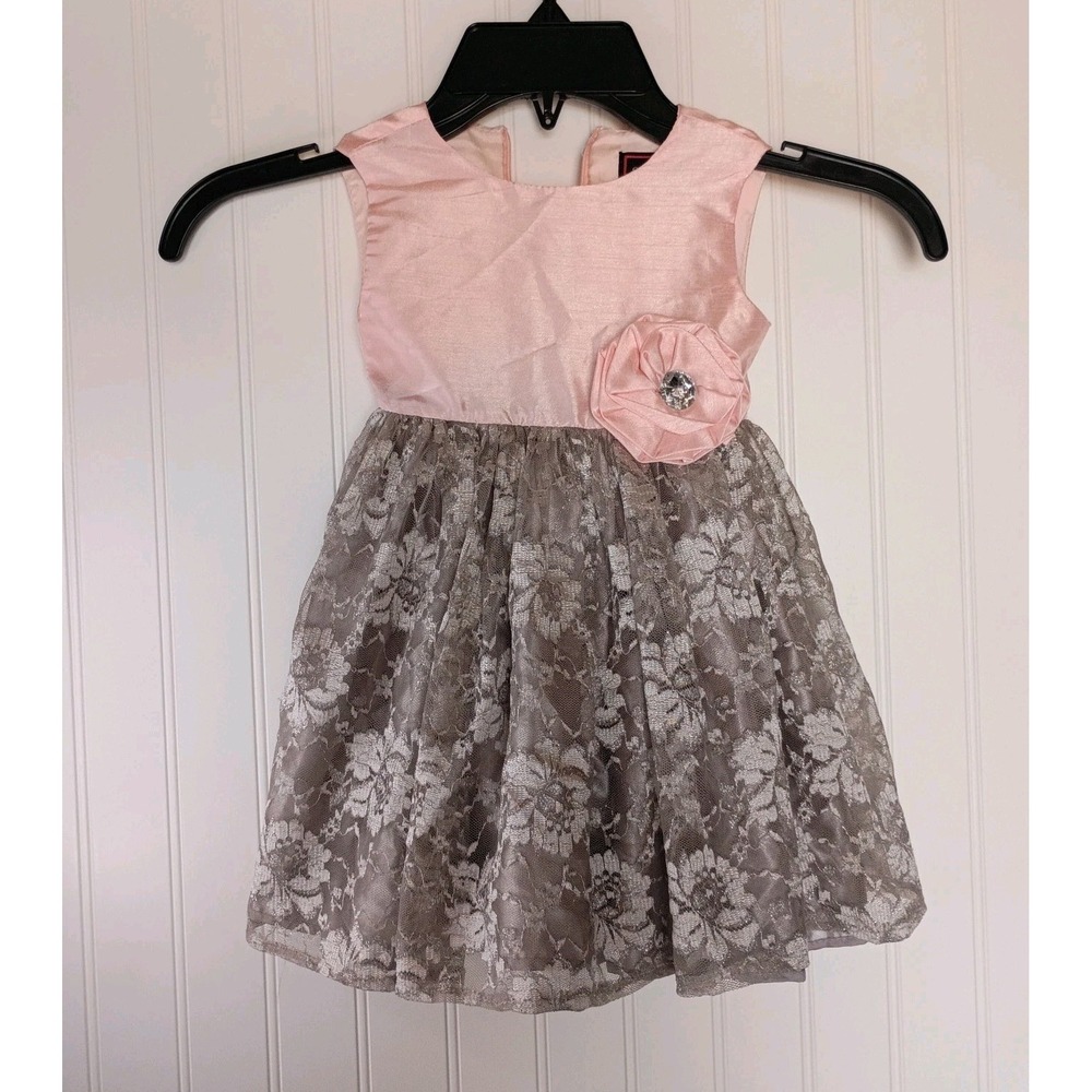 SugarPlum Baby Girls Dress 12Months Gray Pink Bow Lace Floral Wedding Sleeveless